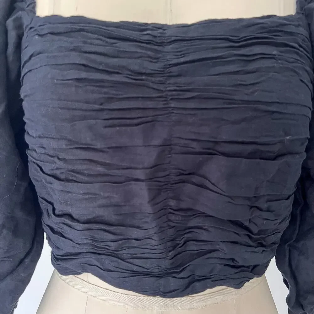 Posse Womens SMALL Black Linen Ivy Blouse Smocked Ruched Cropped Puff Sleeve - Picture 2 of 10